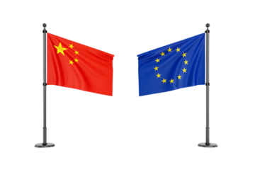 China and European Union flags on flagpoles waving together diplomatically, isolated on a transparent background