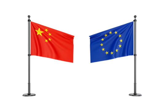 China and European Union flags on flagpoles waving together diplomatically, isolated on a transparent background