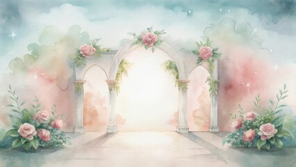 Dreamy arched stage with soft pastel colors and festive ornaments a magical scene