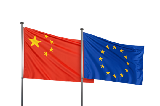 China and European Union flags on flagpoles flying close together officially, isolated on a transparent background