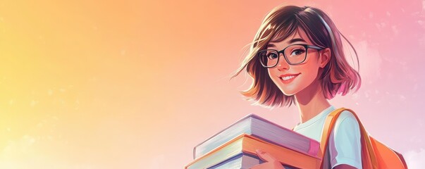 Smiling student holding books in a dreamy background.