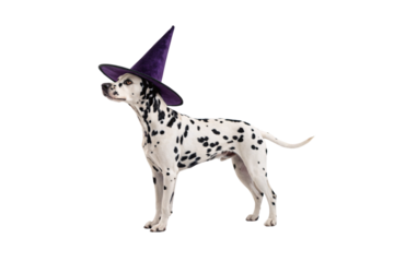 Dalmatian dog wearing purple witch hat standing sideways looking left with spots visible, isolated on a transparent background
