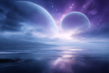 Twin Planets Above Mystical Ocean Horizon