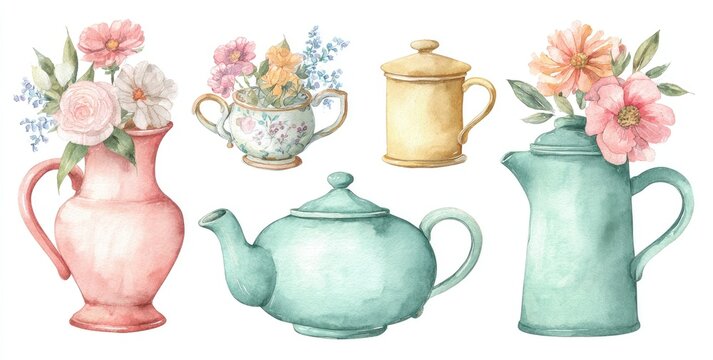 Watercolor floral tea set illustration. Pastel-colored ceramic teapots, vases, and cups adorned with bouquets of flowers - Powered by Adobe