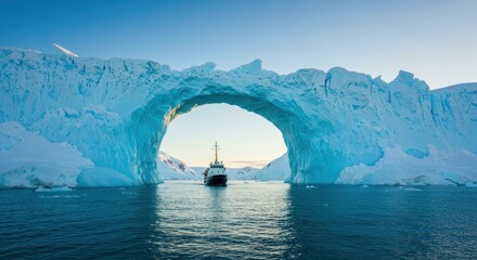 Iceberg Arch Formation with Ship Navigating Through Calm Waters in Polar Landscape