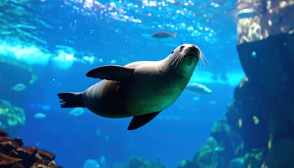 Obraz premium Seal swims gracefully in clear blue water, surrounded by fish and rock formations