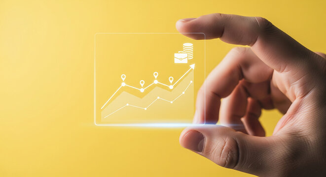 A person's hand holding a futuristic transparent digital screen displaying a glowing business growth chart, symbolizing financial success and data analysis