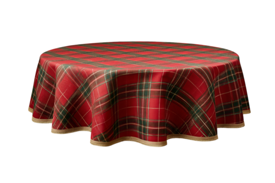 Round Tablecloth with Red Green Plaid and Gold Trim isolated on a transparent background