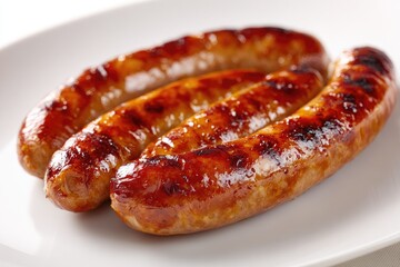 Three grilled sausages on a white plate
