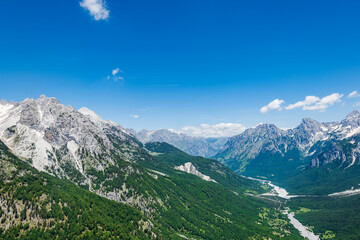Albanian Alps view. Accursed Mountains landscape viewed from Valbona and Theth hiking trail in Albania