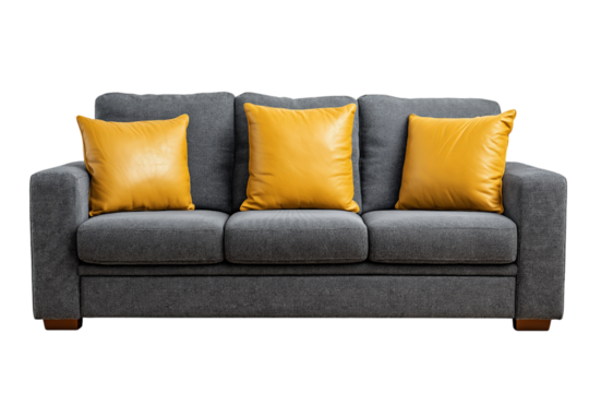 Dark gray fabric sofa with three yellow leather cushions isolated on a transparent background