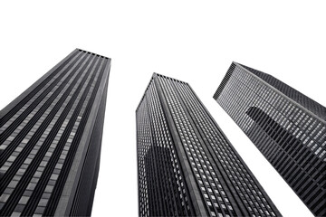 Obraz premium Three tall modern skyscrapers photographed from below in dramatic black and white perspective, isolated on a transparent background