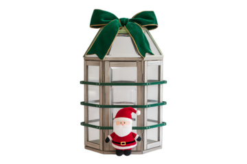 A Charming Christmas Lantern Gift Box Featuring a Festive Santa Claus Figurine, Perfect for Holiday Celebrations and Gift-Giving. Isolated on transparent background, cutout
