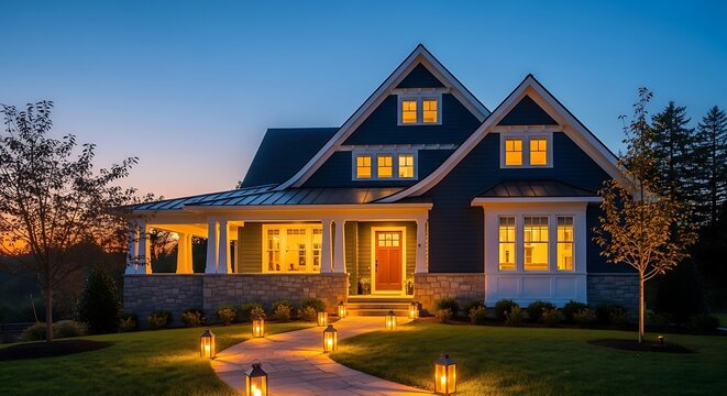 A charming, two-story home with a captivating exterior, showcasing a dark teal facade and warm, inviting interior light.