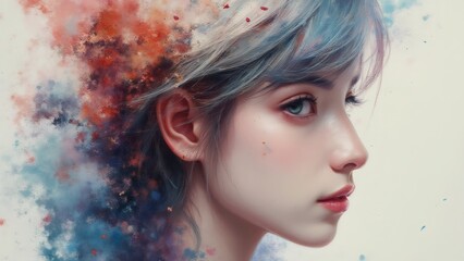Fototapeta premium Ethereal Young Woman with Watercolor Hues, a Portrait of Dreamy Beauty