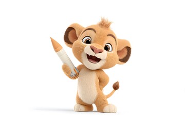 A cheerful lion cub building a small rocket model for school science fair, 3d animation, isolated on a white background
