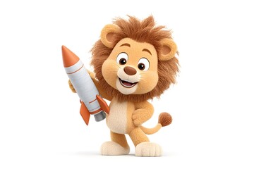 Obraz premium A cheerful lion cub building a small rocket model for school science fair, 3d animation, isolated on a white background
