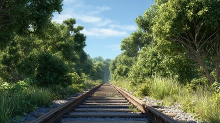 Railroad Tracks Surrounded by Green Trees and Blue Sky in Natural Outdoor Setting