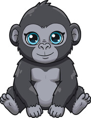Adorable baby gorilla sitting down, cute cartoon primate illustration, friendly wildlife animal character design, children’s educational artwork concept, CAD drawing flat vector illustration