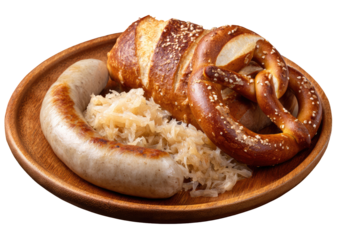 Wooden plate with sausage, pretzel, and sauerkraut (2)