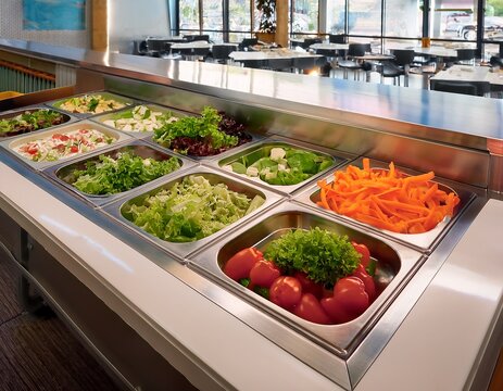 a school cafeteria featuring a build your own salad bar offering a variety of fresh vegetables and customizable options for creating nutritious and appealing meals