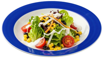 Isolated fresh garden salad with tomato, corn, black bean, carrot, lettuce and ranch