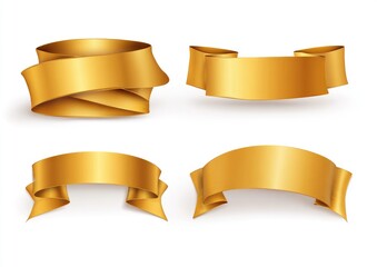 Four golden ribbon banners.  Realistic gold ribbons in various shapes, including curved and looped styles, on a white background, creating a celebratory or premium feel