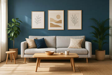 Light-filled living room with grey sofa, plants, and minimalist artwork interior design couch