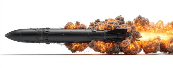 A black missile launches, leaving a trail of fiery explosions