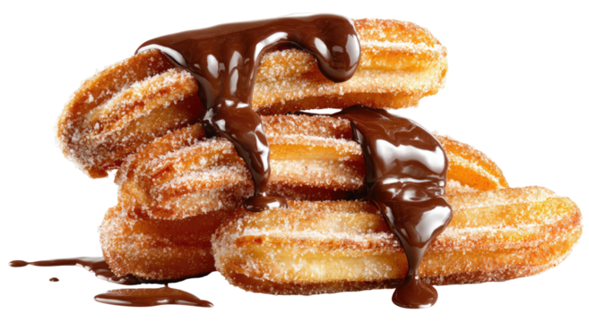 Stacked churros drenched in melted chocolate