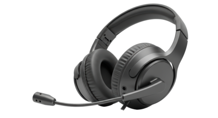 Isolated modern black over-ear headset with microphone for gaming, podcasting or video calls