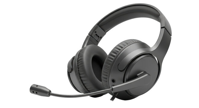 Isolated modern black over-ear headset with microphone for gaming, podcasting or video calls