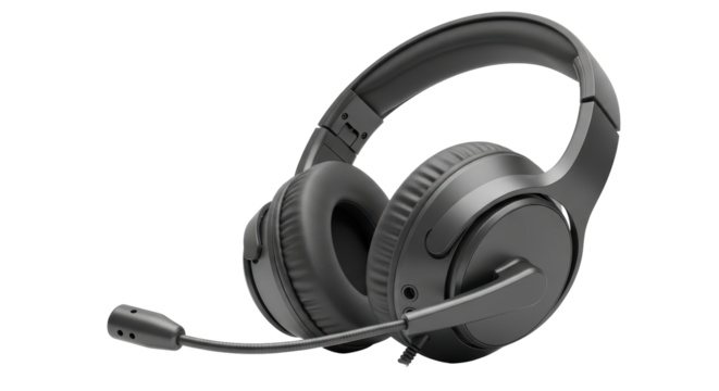 Isolated modern black over-ear headset with microphone for gaming, podcasting or video calls