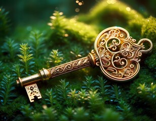 ornate antique golden key lying in dewy garden greenery m perfect for use in fantasy book covers storytelling visuals mystery discovery or hidden secrets