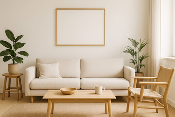 Living room with cream sofa, wooden furniture, plants and a woven chair interior couch