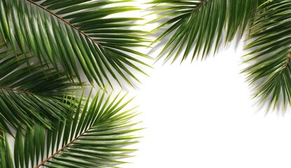 Fototapeta premium Tropical palm fronds frame a white background. Lush green leaves create a border