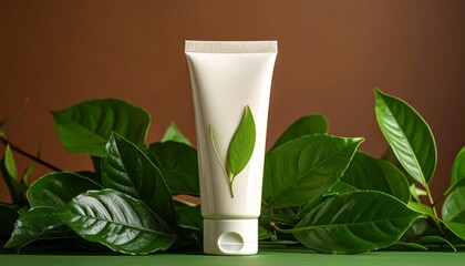 A white cosmetic tube with a green leaf design surrounded by fresh leaves on a natural background.