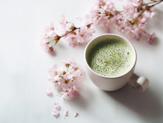 Matcha Latte with Sakura Blossoms
