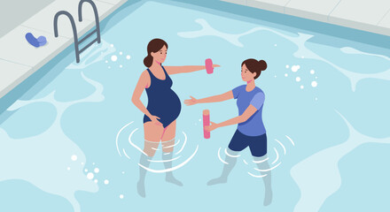 Pregnant woman exercising with weights in pool with instructor  