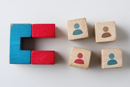 Wooden blocks,  U shape,  and people icons.  Attracting  clients, strategy,  or recruitment