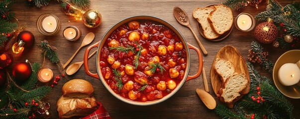 A festive Christmas table with a traditional stew filled with beans, tofu, vegetables and winter herbs, surrounded by holiday decorations and candles.