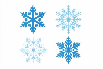 Four stylized snowflakes in shades of blue against a white background.  Each snowflake has intricate, detailed, symmetrical patterns