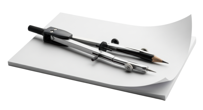 Isolated Drawing Compass and Stack of White Paper for Geometry Math or Construction Work