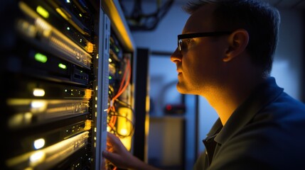 IT technician working on server rack at night