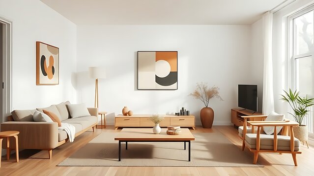 Minimalist Nordic living room with wooden accents and abstract art, bathed in soft natural light.