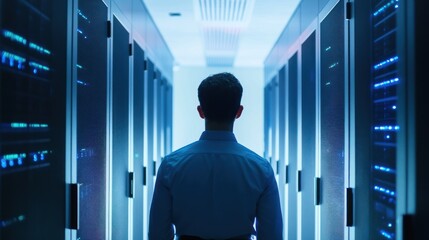 IT professional walking through server room, illuminated by glowing server racks