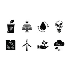 Collection of black and white environmental icons, representing sustainable practices like recycling, solar energy, water conservation, and wind power.