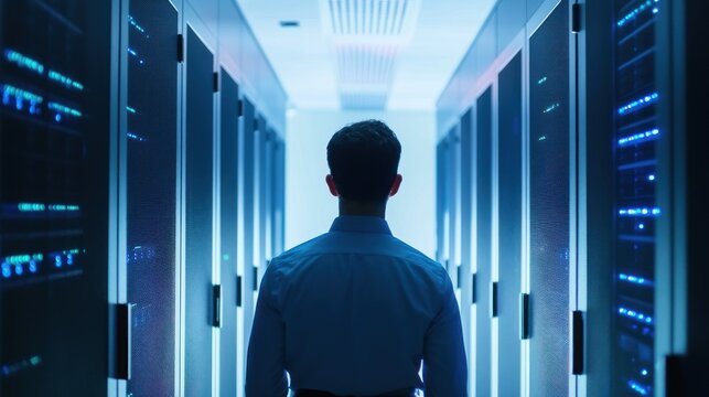 IT professional walking through server room, illuminated by glowing server racks - Powered by Adobe