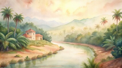 Vibrant colonial era landscape painting of a river and tropical village at dawn