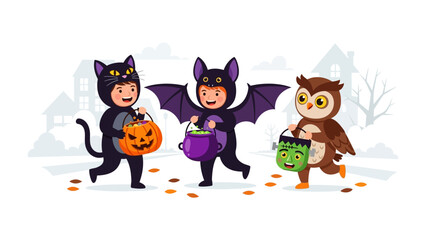 Enchanting Halloween Trio: Adorable children in captivating costumes gather candy, capturing the magical spirit of Halloween.